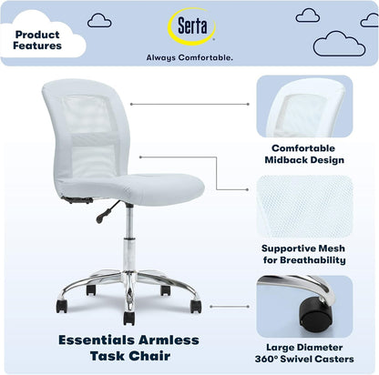 Essential Armless Deskchair, Small Task Chair with Wheels, Breathable Mesh Back, quality Foam Cushion Seat for Comfort, Functional, Lightweight and Versatile, Sky Blue-3
