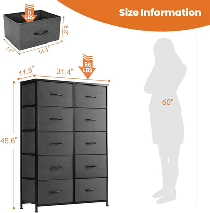 Dresser, Tall Dresser for Bedroom, Drawer Dresser Organizer Storage Drawers with 10 Drawers, Chest of Drawers with Fabric Bin, Steel Frame, Wood Top for Bedroom, Closet, Entryway-2