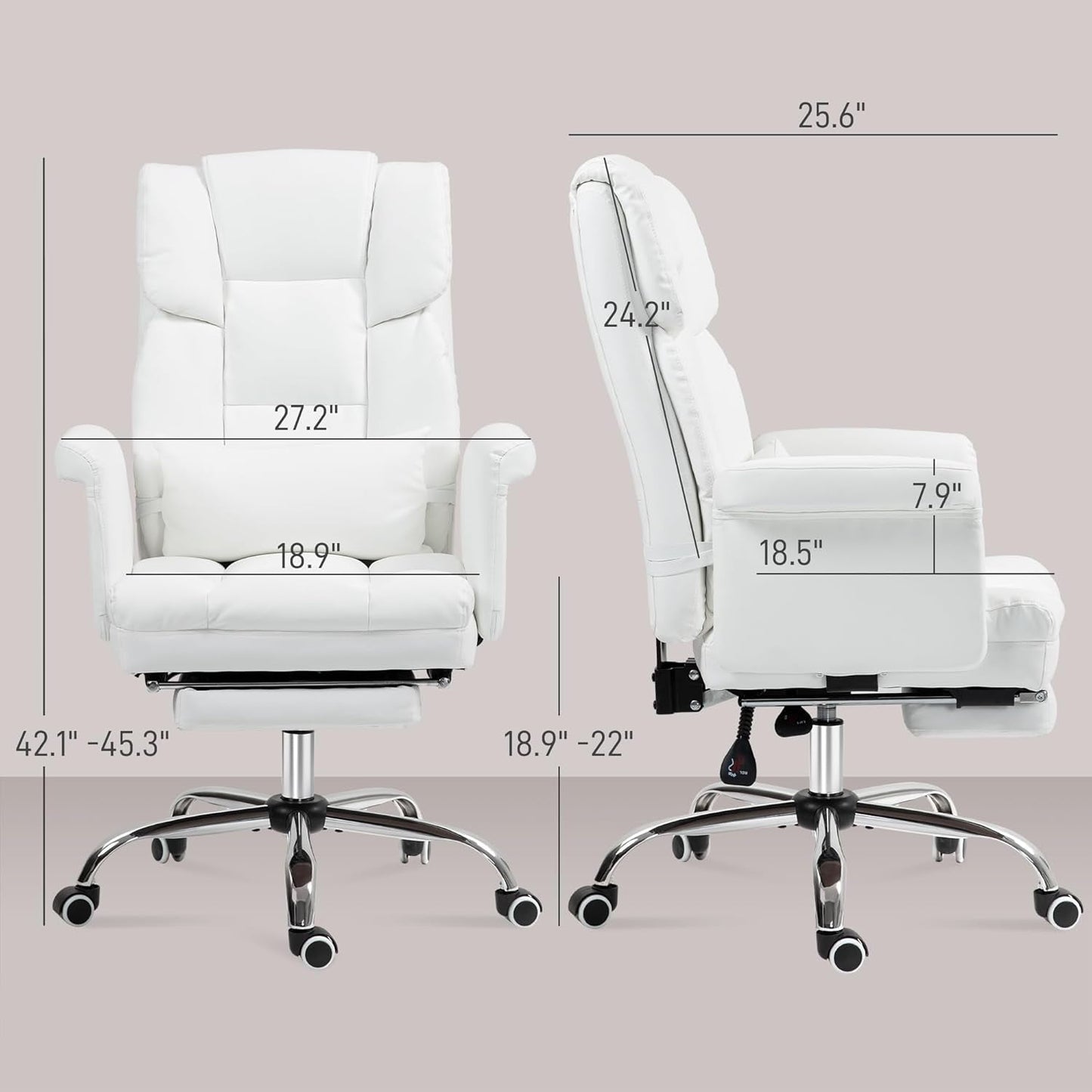 Executive Office Chair with Footrest and Lumbar Support, PU Leather Ergonomic Office Desk Chair, Reclining and Swivel Chair, White-2