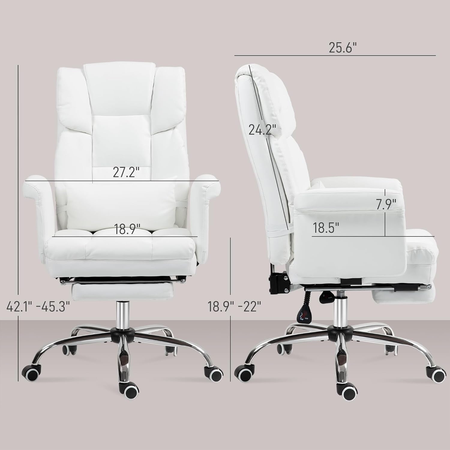 Executive Office Chair with Footrest and Lumbar Support, PU Leather Ergonomic Office Desk Chair, Reclining and Swivel Chair, White-2