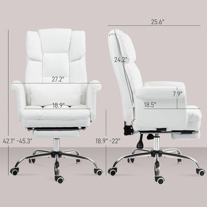 Executive Office Chair with Footrest and Lumbar Support, PU Leather Ergonomic Office Desk Chair, Reclining and Swivel Chair, White-2