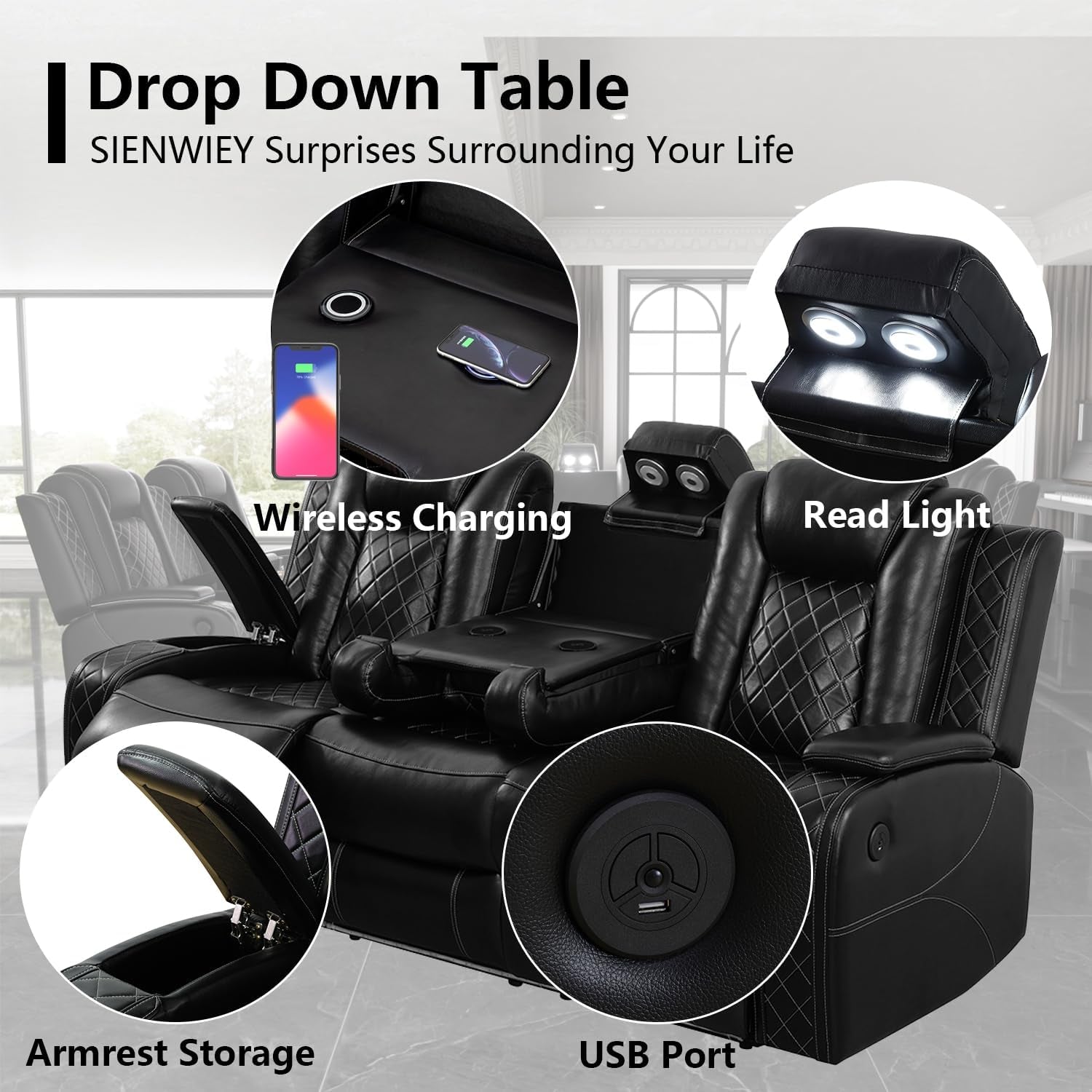 Power Black Leather Reclining Sofa Set with LED Light for Living Room Set，Theater Seat Recliner Chair 3 Seats Double Recliner Sofa with Drop-Down Table/Read Light/Wireless Charge/Usb Port-2