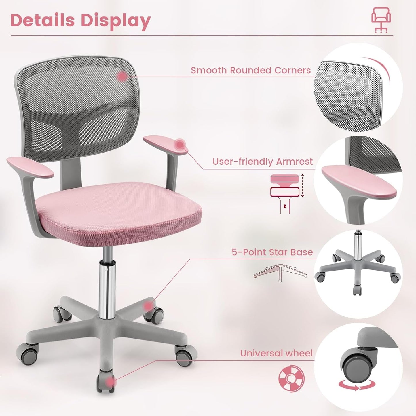 Kids Desk Chair, Ergonomic Kids Swivel Study Chair with Lumbar Support, Breathable Mesh & Universal Wheels, Height Adjustable Kids Computer Chair for Boys & Girls (Pink)-3
