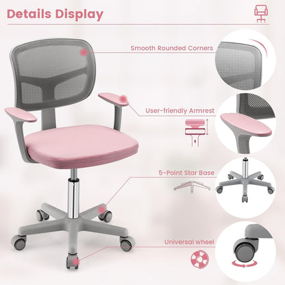 Kids Desk Chair, Ergonomic Kids Swivel Study Chair with Lumbar Support, Breathable Mesh & Universal Wheels, Height Adjustable Kids Computer Chair for Boys & Girls (Pink)-3