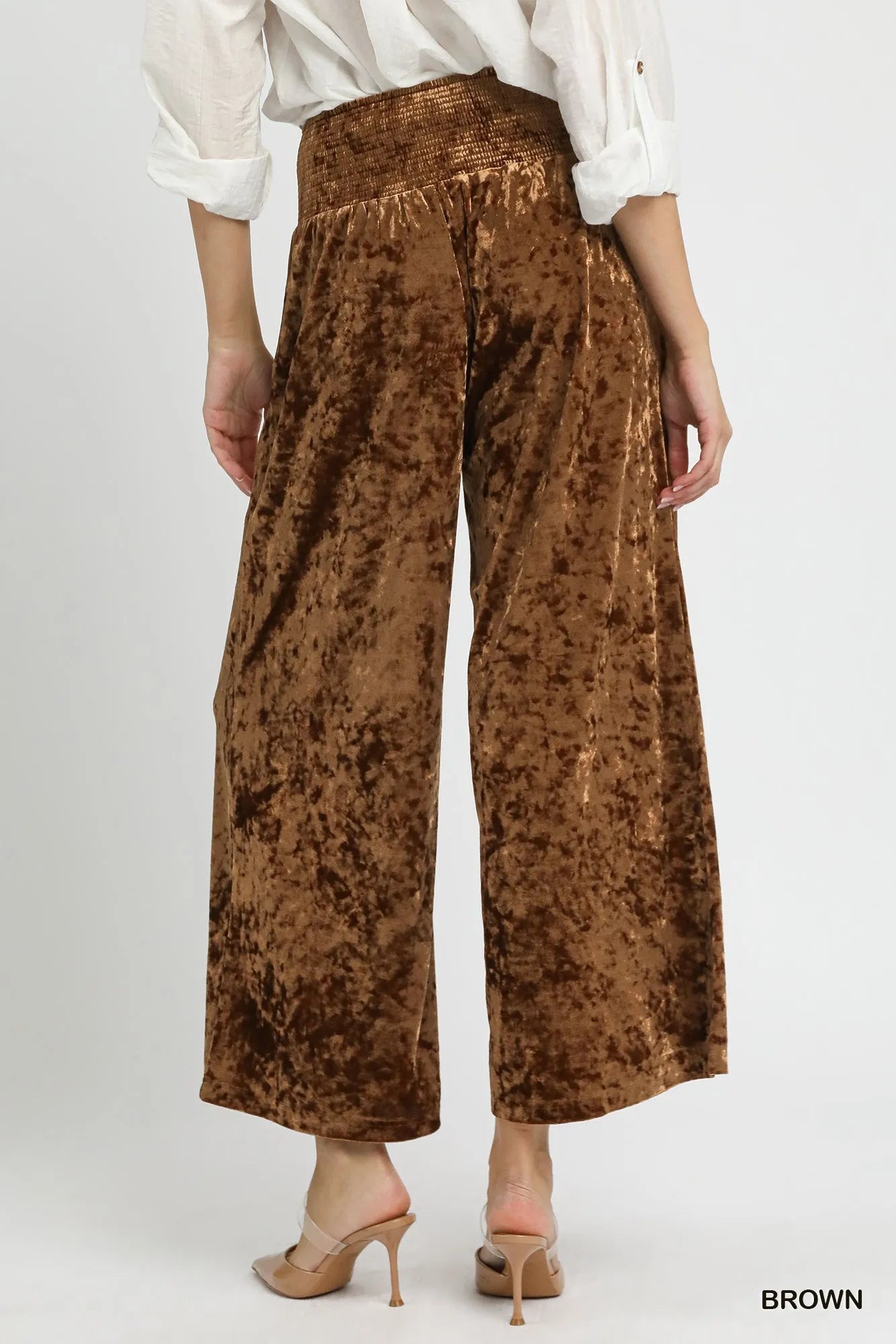 Umgee Velvet Smocked Waistband Wide Leg Pants