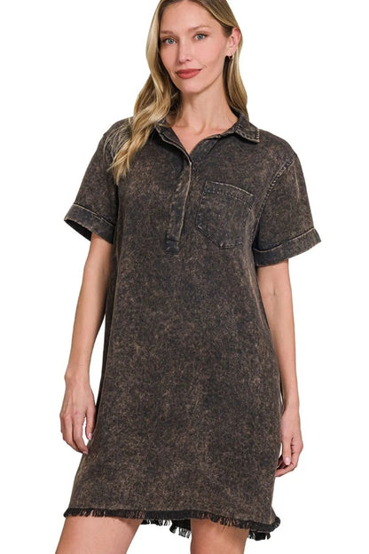 Zenana Tencel Mineral Washed Collared Shirts Dress