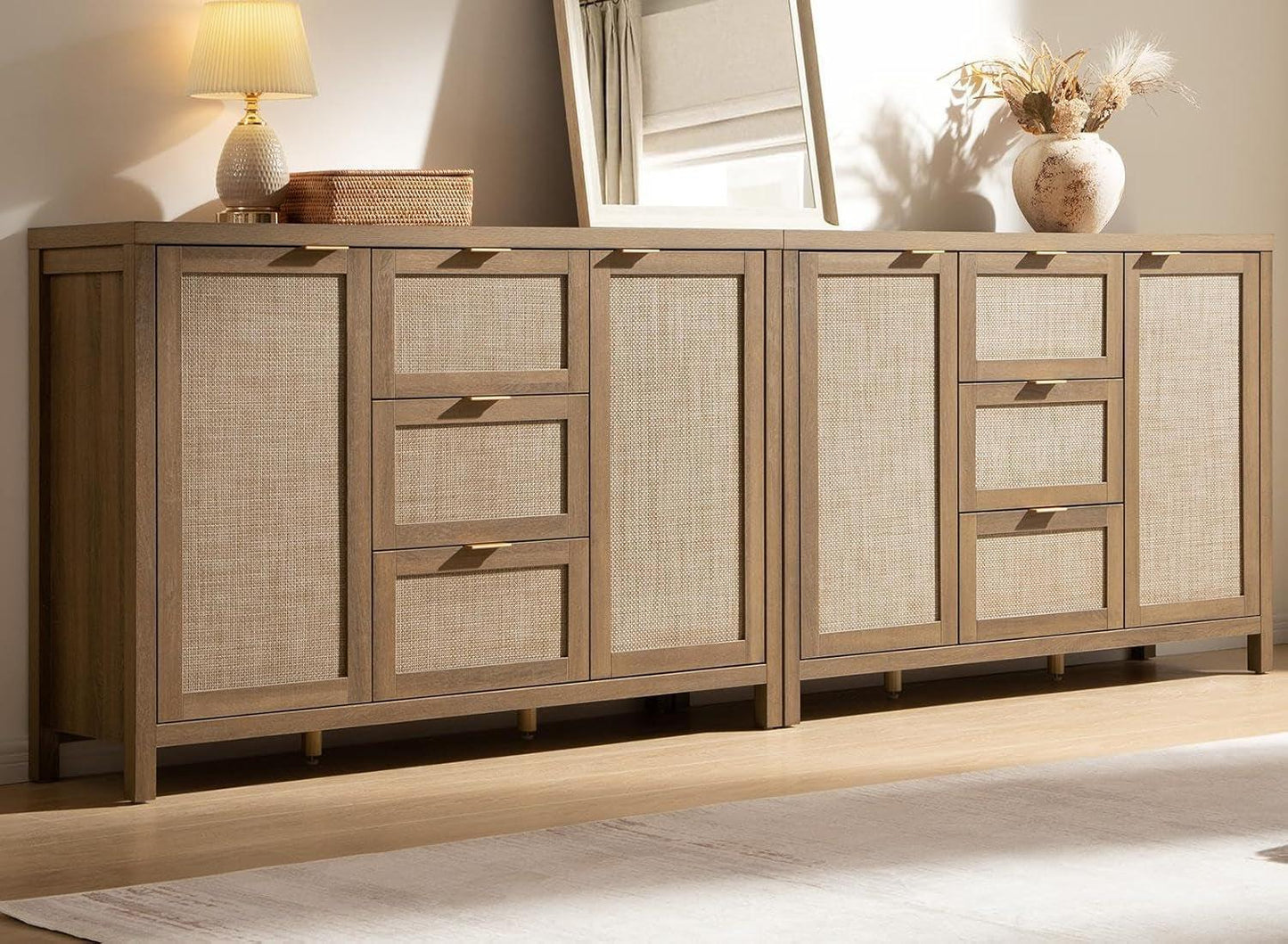 Caramel Oak Rattan Large Sideboard Buffet Storage Cabinet-0