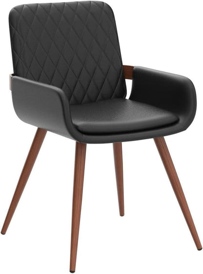 Mid Century Modern Faux Leather Dining Chairs Set of 2, Black, Upholstered Seat, Metal Legs, Adjustable Foot for Kitchen Dining Room Desk Chairs-3