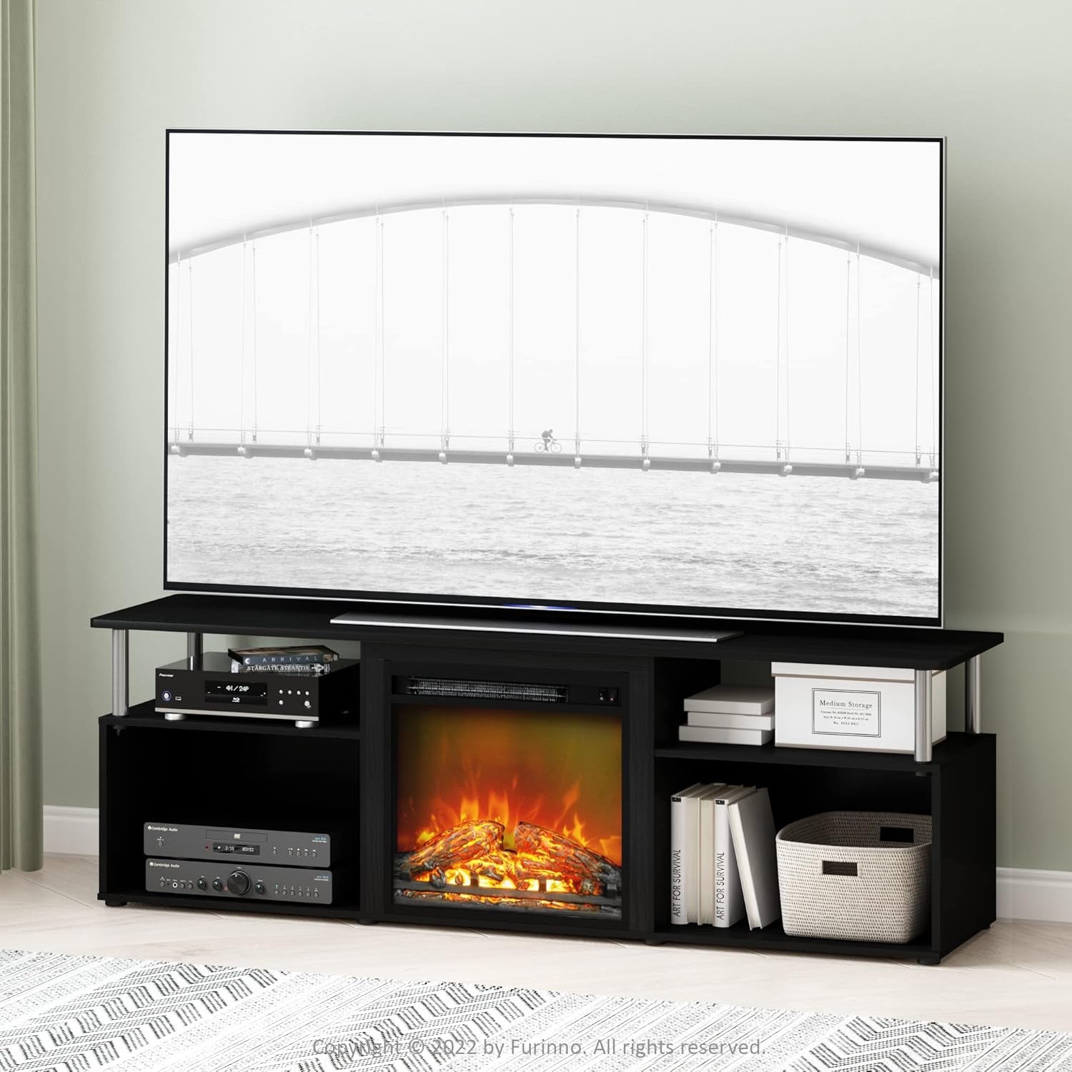 Jensen Open Storage Fireplace Entertainment Center for TV up to 70 Inch with Stainless Steel Tubes, Americano/Chrome-2