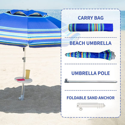 7Ft Heavy Duty High Wind Beach Umbrella Parasols with Sand Anchor & Tilt Sun Shelter, UV 50+ Protection Outdoor Sunshade Umbrellas Carry Bag for Patio Garden Pool Backyard Stripe Blue-4