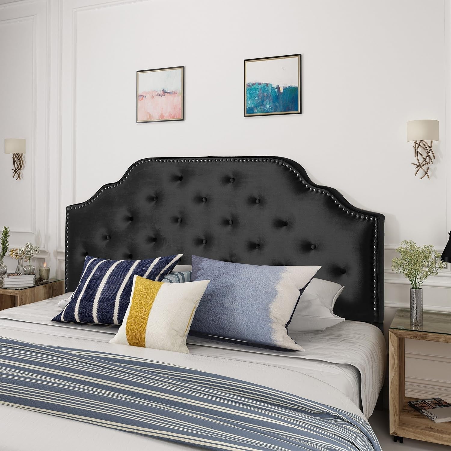 Contemporary Black Velvet Headboard with Button Tufted Design-0