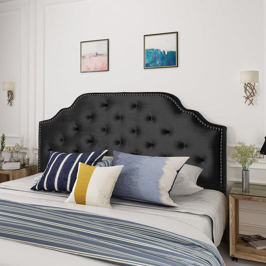 Contemporary Black Velvet Headboard with Button Tufted Design-0