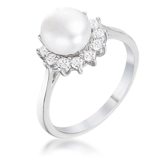 .36Ct Rhodium Plated Freshwater Pearl and CZ Halo Ring - Rings