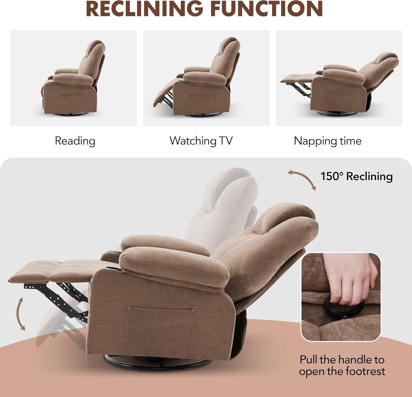 Oversized Swivel Rocker Recliner Chair with Heat and Massage, 360 Degree Swivel Rocking Single Sofa with Cup Holders and USB Port, Big Large Recliner Chair for Living Room (Fabric, Brown)-3
