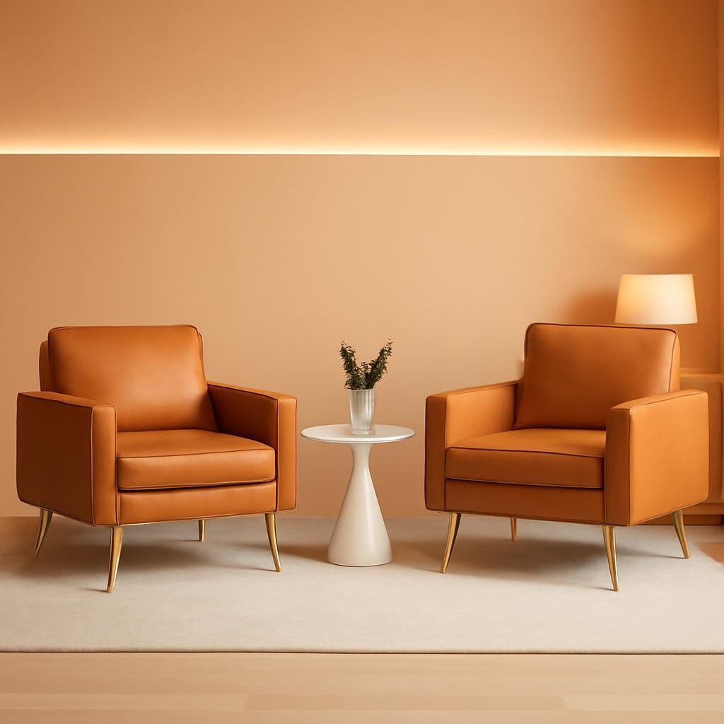 Brown PU Leather Accent Chairs Set Of 2 With Gold Legs-0