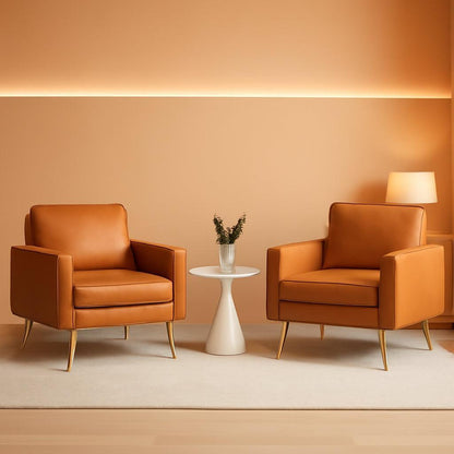 Brown PU Leather Accent Chairs Set Of 2 With Gold Legs-0