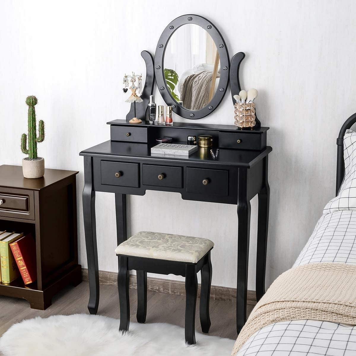 Black Vanity Dressing Table Set with Rotating Mirror-0