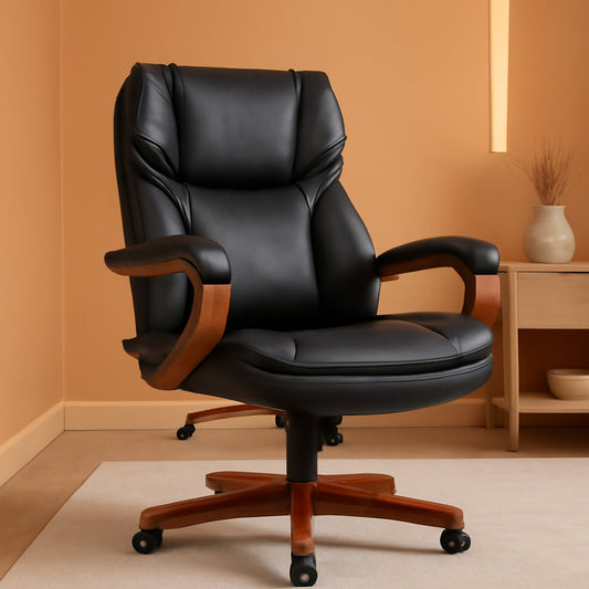 Big and Tall Executive Office Chair with Wood Accents, Adjustable High Back Ergonomic Computer Chair with Lumbar Support, Bonded Leather, Black-0