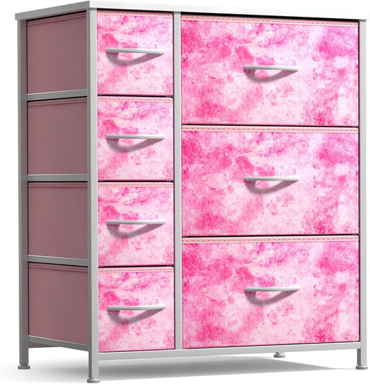Kids Dresser with 7 Drawers - Storage Chest Organizer Unit with Steel Frame, Wood Top & Handles, Tie-Dye Fabric Bins for Clothes - Wide Furniture for Bedroom Hallway Kids Room Nursery & Closet-0