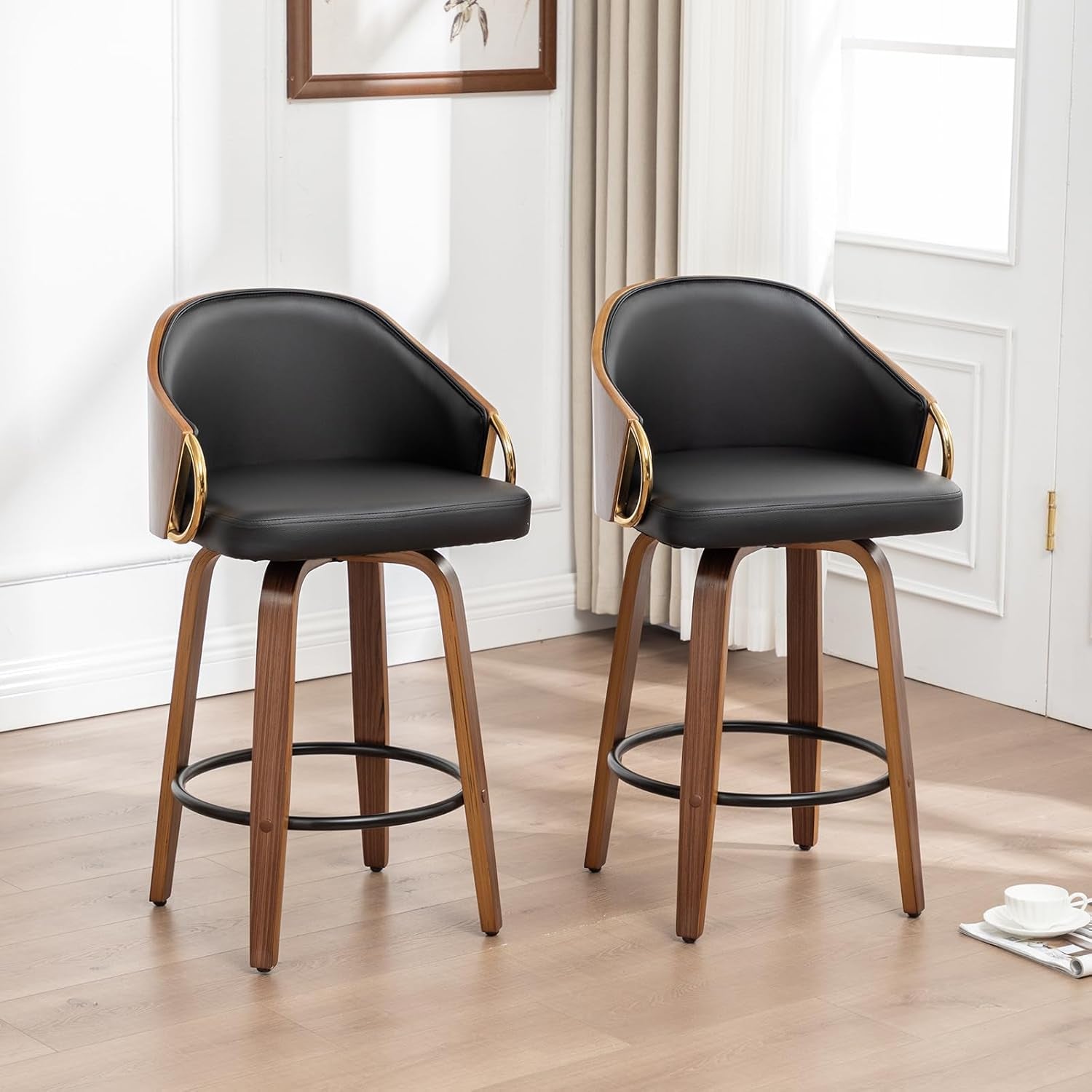 26 Inch Swivel Barstools Set of Two Black Leather-4