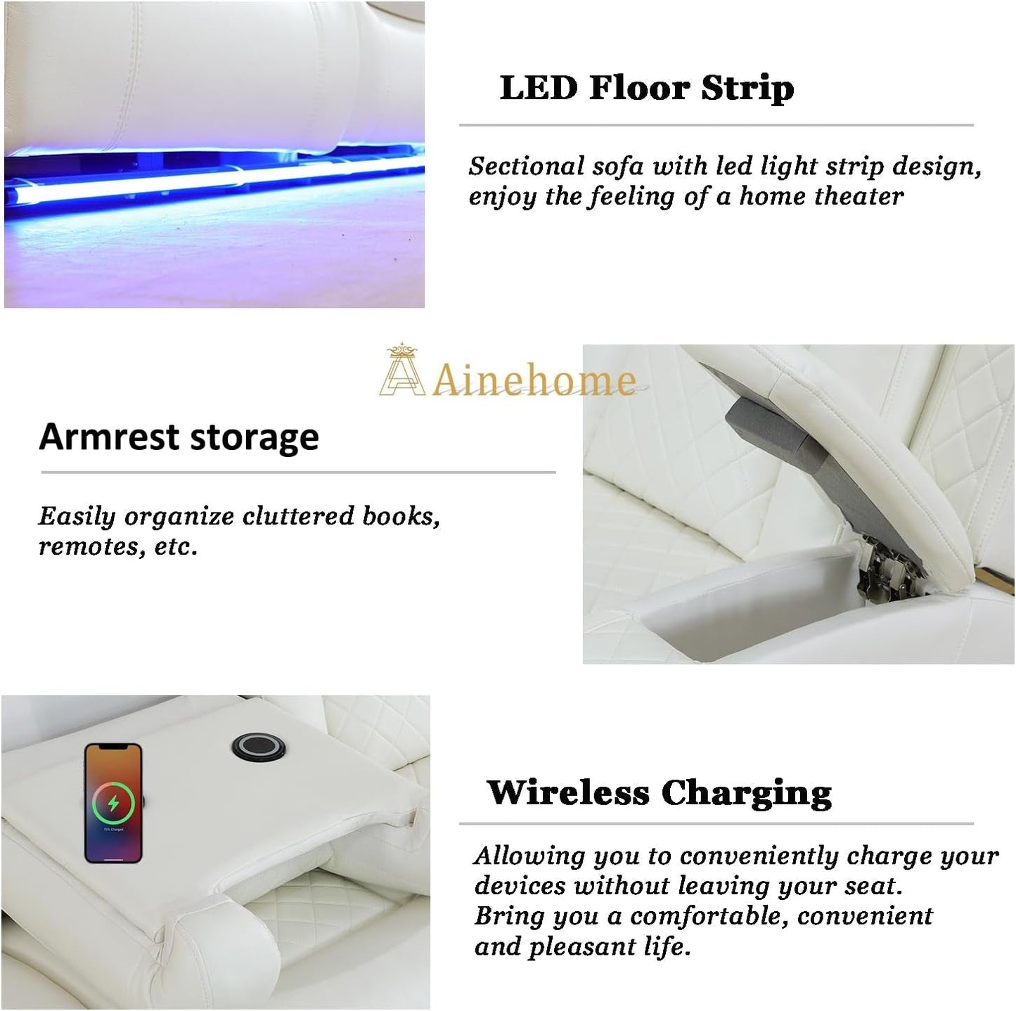 Luxury Living Room Furniture Sets Power Recliner Sectional Sofa Recliner Couch Set Recliner Leather Couch and Recliner Set Loveseat Chair for House/Office/Theater Seating(Creamy White)-2