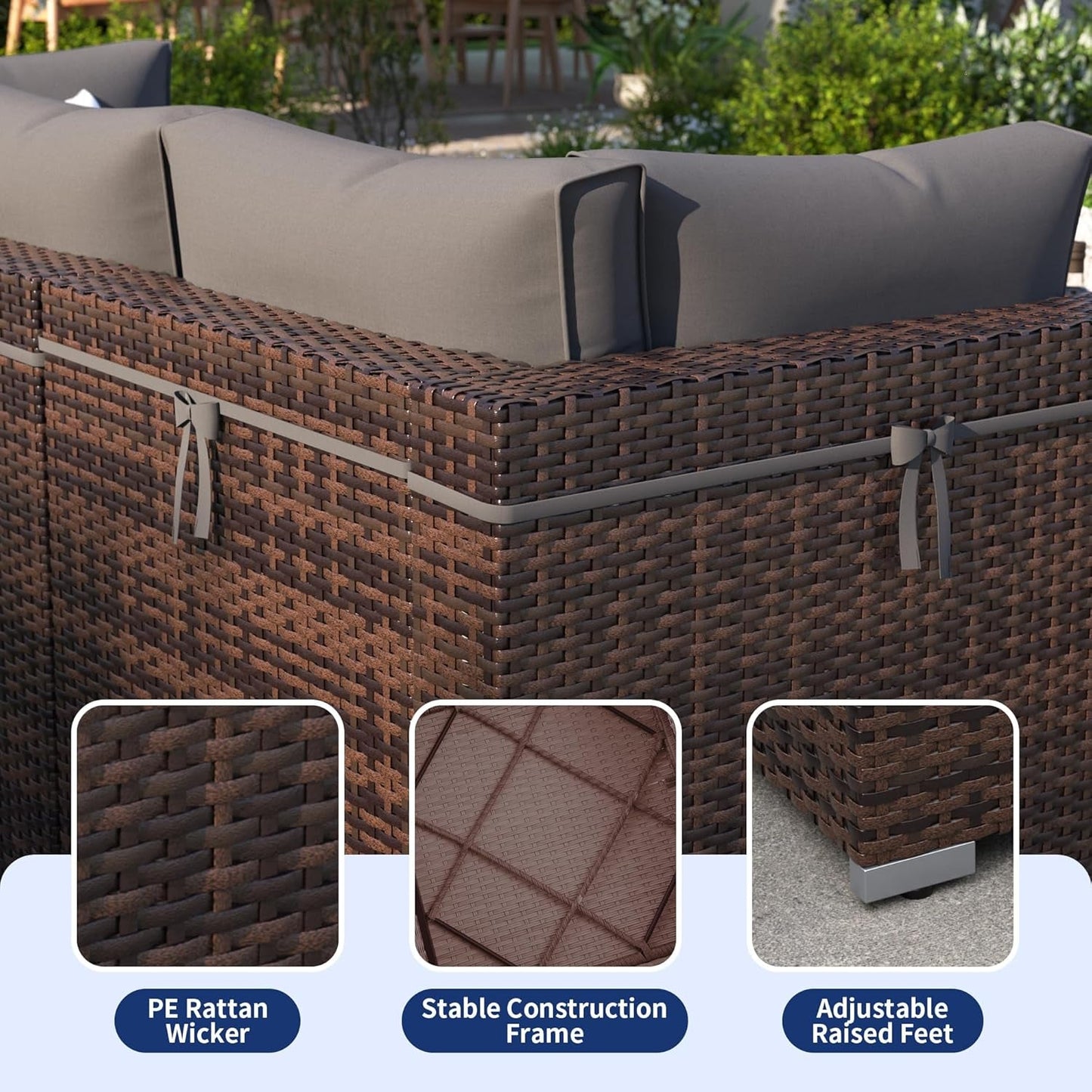 Patio Furniture Set, 7-Piece Outdoor Sectional with Waterproof Cover, All-Weather Wicker Patio Conversation Sets for Backyard (Brown with Grey Cushion)-3
