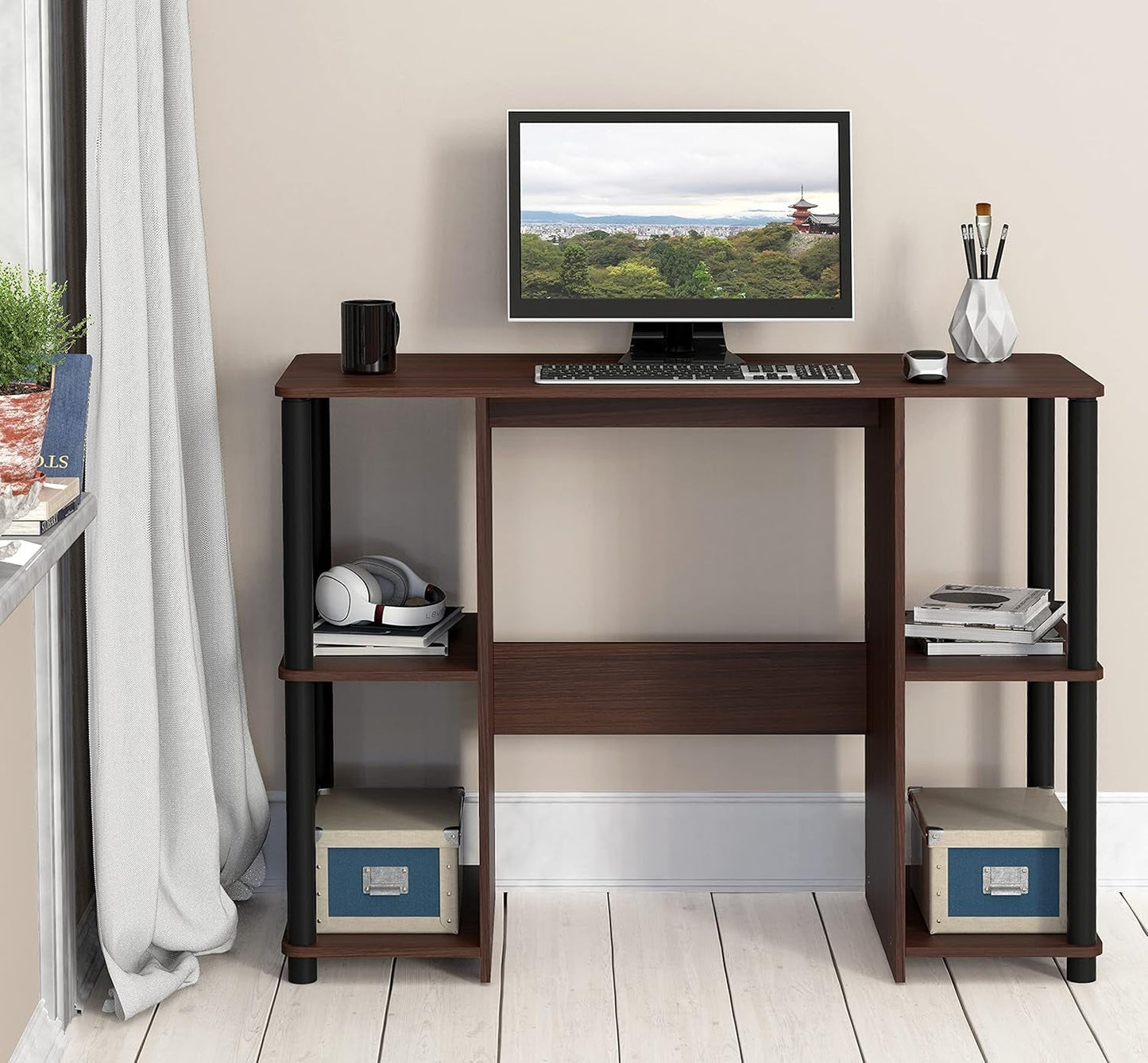 38-Inch Home Office Wood Desk with Double Sided Shelves, Cherry-1