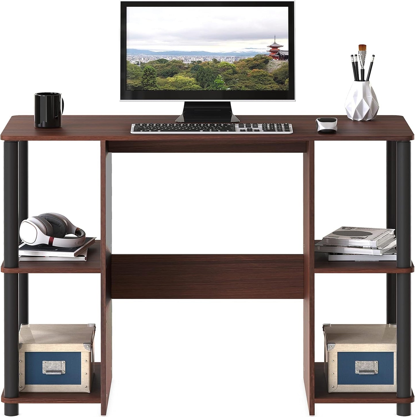 38-Inch Home Office Wood Desk with Double Sided Shelves, Cherry-3