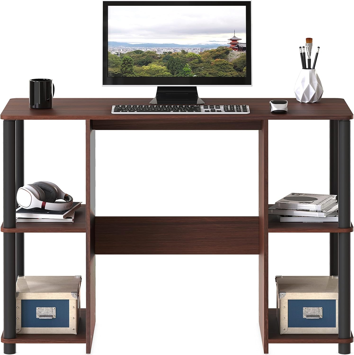 38-Inch Home Office Wood Desk with Double Sided Shelves, Cherry-3