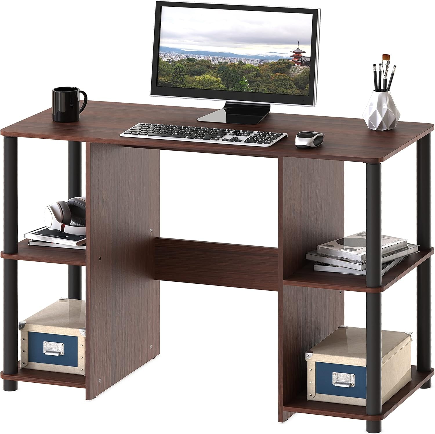 38-Inch Home Office Wood Desk with Double Sided Shelves, Cherry-0