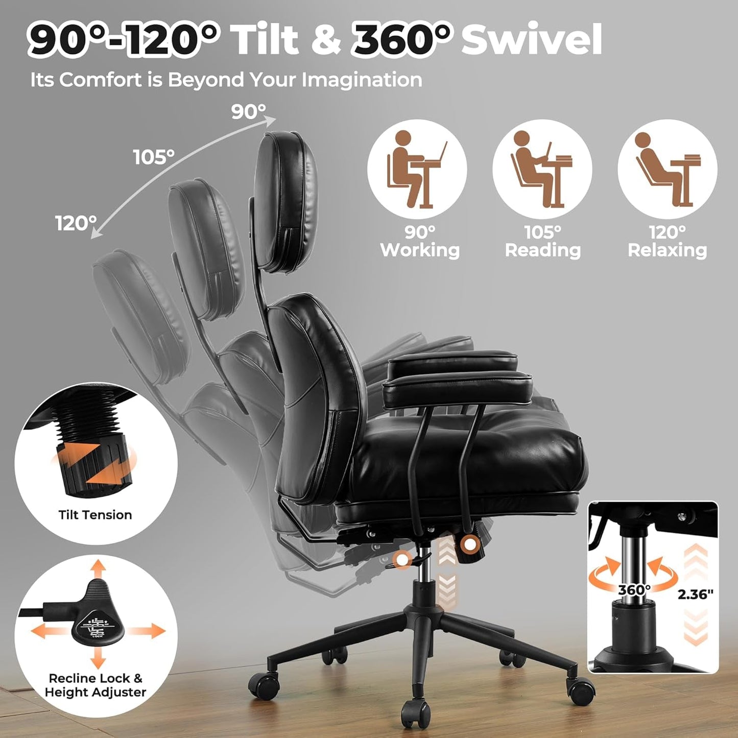 Ergonomic Home Office Chair, Mid-Century Modern Leather Chair with Lumbar Support, High Back Swivel Rolling Executive Chair with Comfy Thick Cushion (Black, PU Leather)-3