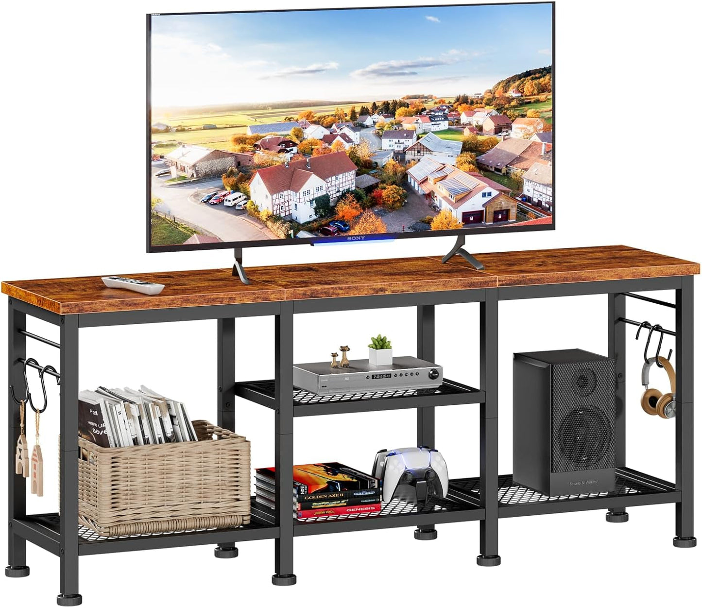 TV Stand for Tvs up to 55 Inch, Entertainment Center with Open Storage Shelves, TV Media Console Table with Soundbar Shelf for Living Room, Bedroom, Rustic Brown-0