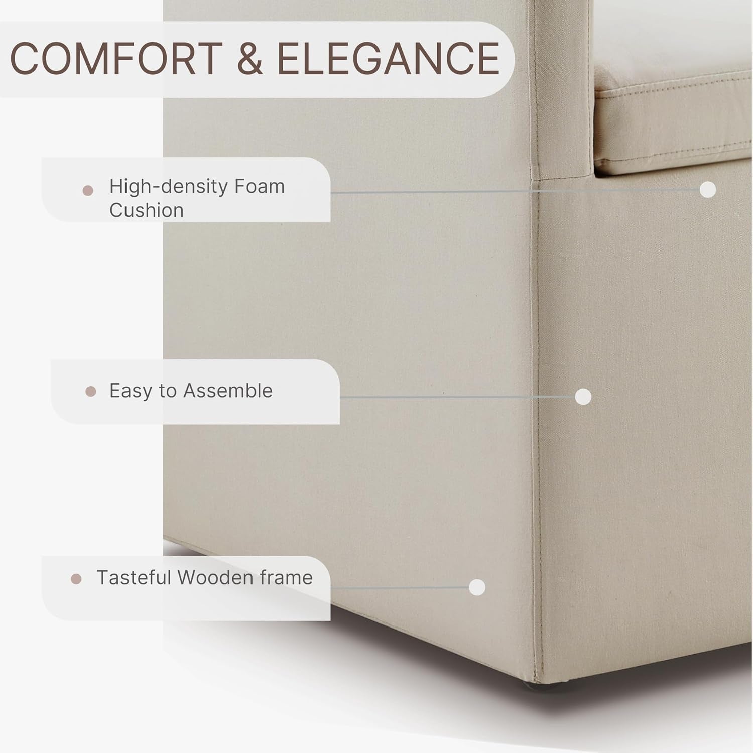 Upholstered Dining Chair with Casters Washable Cover Side Deskchair with Rollers for Diningroom Living Room,Set of 2,Flax Beige-4