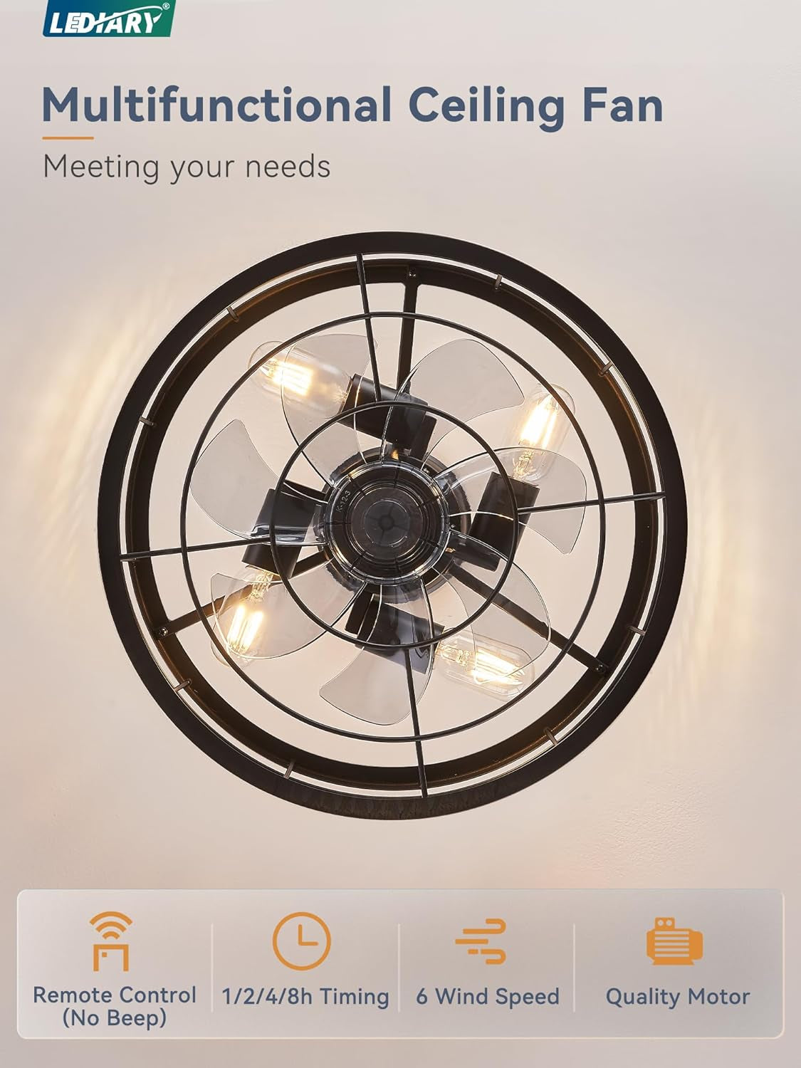 16.5 Inch Black Caged Ceiling Fan with Light, Fandelier Industrial Ceiling Fan with Remote, Farmhouse Fan Lights Ceiling Fixtures for Kitchen, Bedroom, Outdoor（6 Speed, Timing）-Black-3