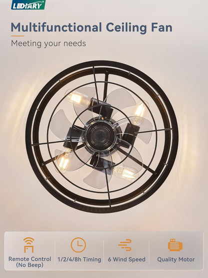 16.5 Inch Black Caged Ceiling Fan with Light, Fandelier Industrial Ceiling Fan with Remote, Farmhouse Fan Lights Ceiling Fixtures for Kitchen, Bedroom, Outdoor（6 Speed, Timing）-Black-3