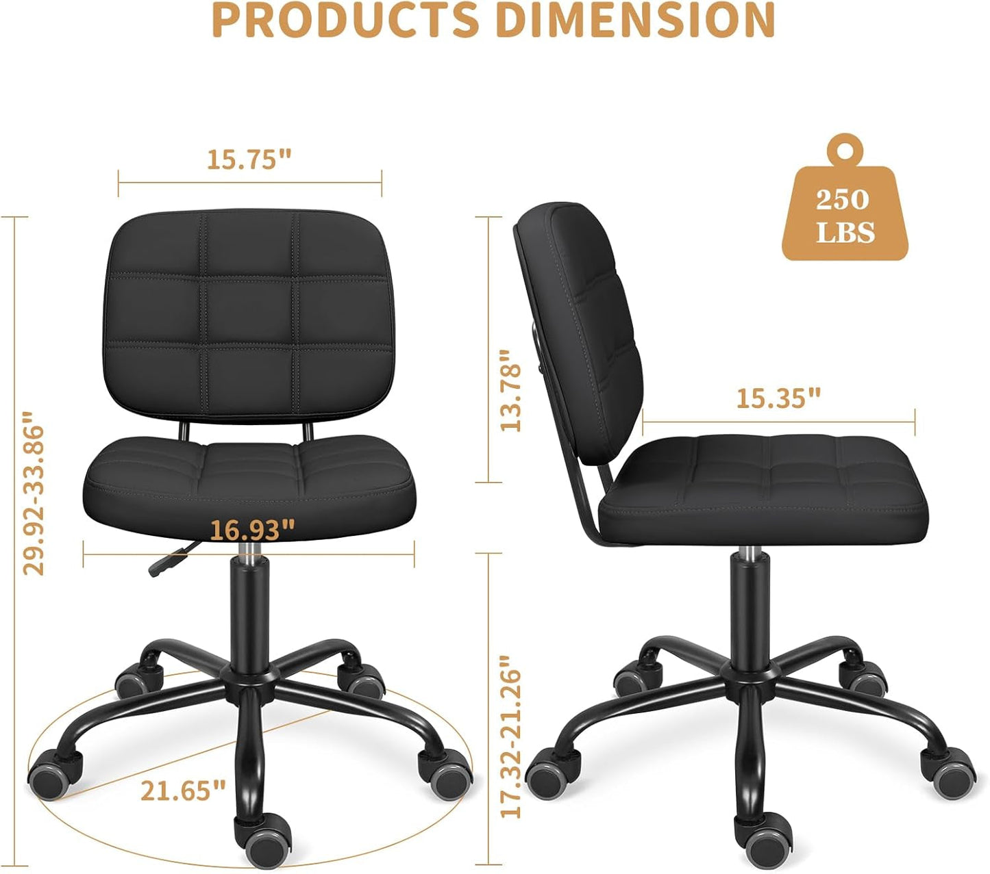 Armless Home Office Desk Chair with Wheels, Modern Ergonomic Drafting Rolling Chair with 360° Swivel Wheels,Height Adjustable Computer Task Chairs for Small Space, Black-2