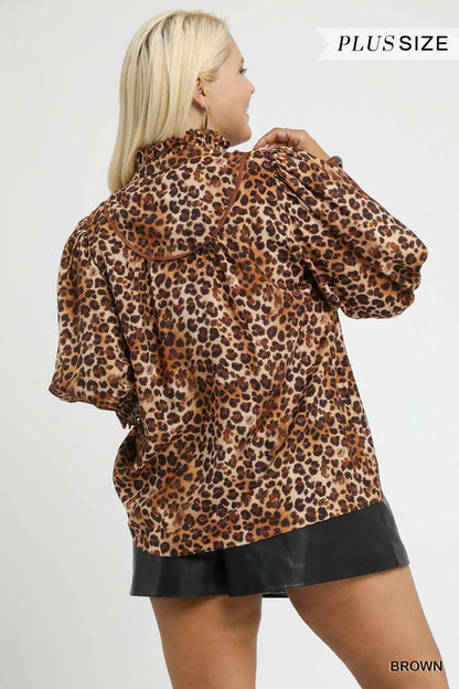Umgee Full Size Leopard Print Ruffle Neck Blouse Plus Size