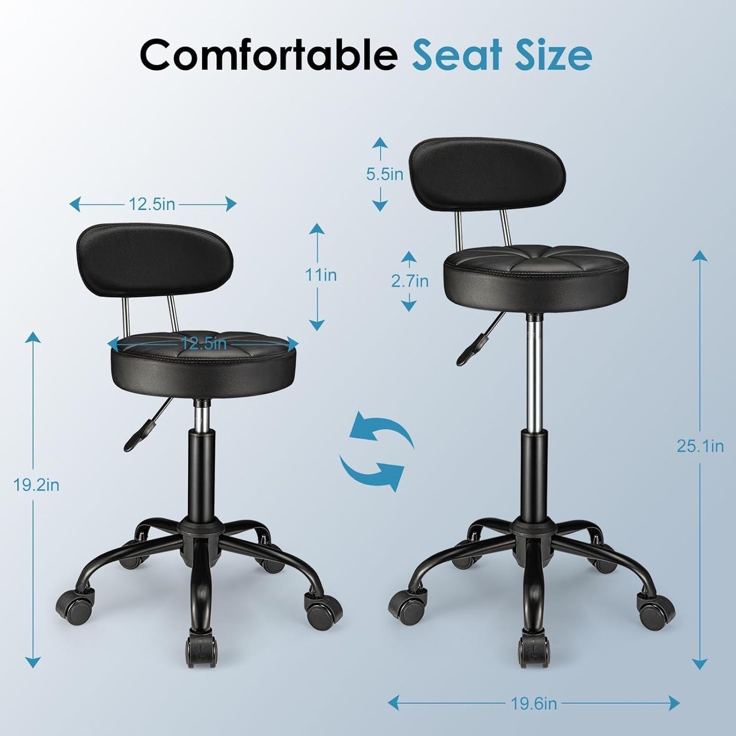 Swivel Rolling Stool with Wheels Height Adjustable Chair Rolling Drafting Chair Spa Stool Chair Backrest Black-2