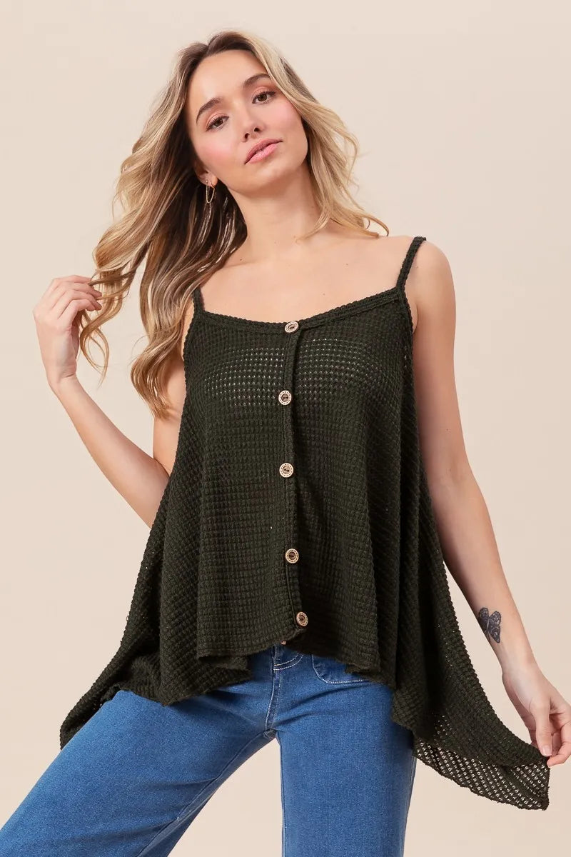 BiBi Popcorn Waffle Knit with Buttoned Front Cami Top
