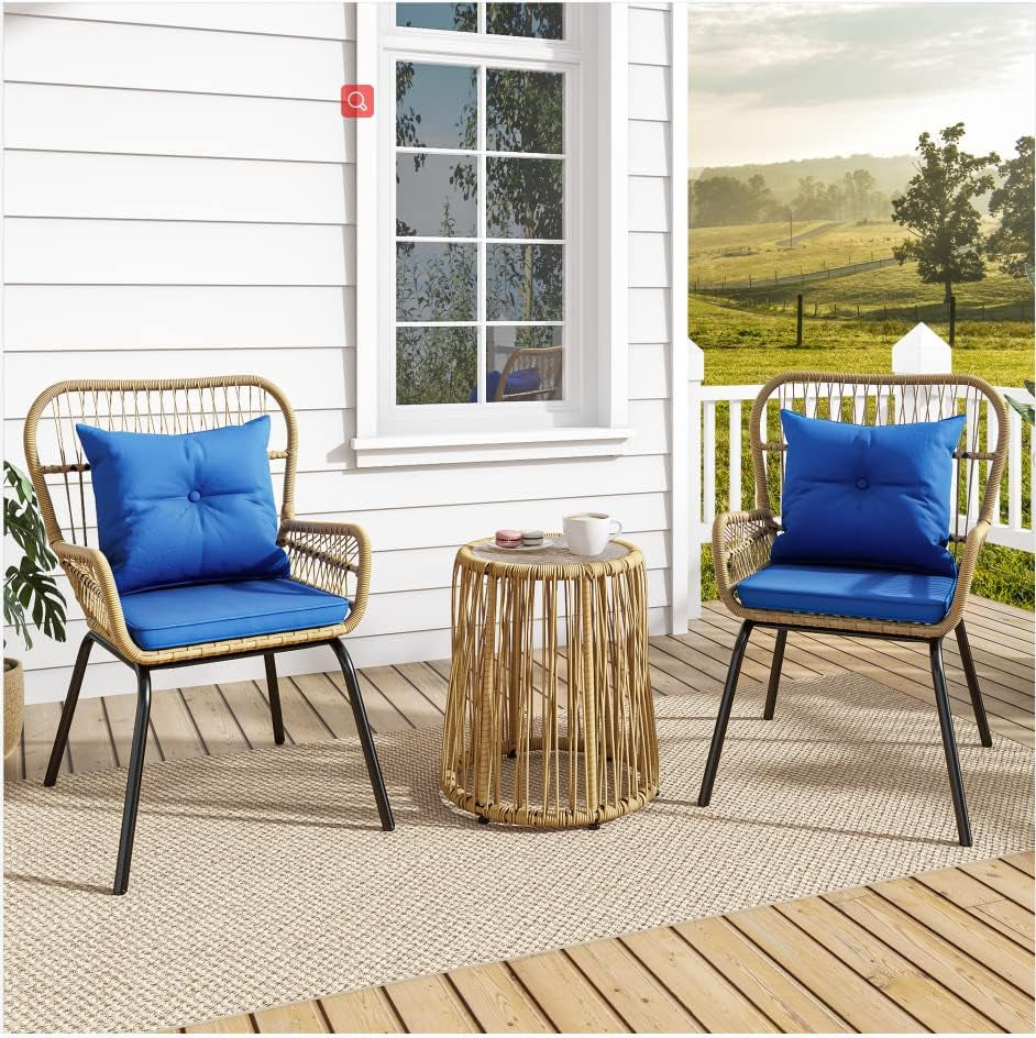 3-Piece Outdoor Patio Furniture Wicker Bistro Set, All-Weather Rattan Conversation Chairs for Backyard, Balcony and Deck with Soft Cushions, Glass Side Table (Light Brown+Navy Blue)-0