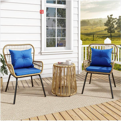 3-Piece Outdoor Patio Furniture Wicker Bistro Set, All-Weather Rattan Conversation Chairs for Backyard, Balcony and Deck with Soft Cushions, Glass Side Table (Light Brown+Navy Blue)-0
