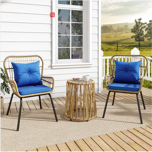 3-Piece Outdoor Patio Furniture Wicker Bistro Set, All-Weather Rattan Conversation Chairs for Backyard, Balcony and Deck with Soft Cushions, Glass Side Table (Light Brown+Navy Blue)-0