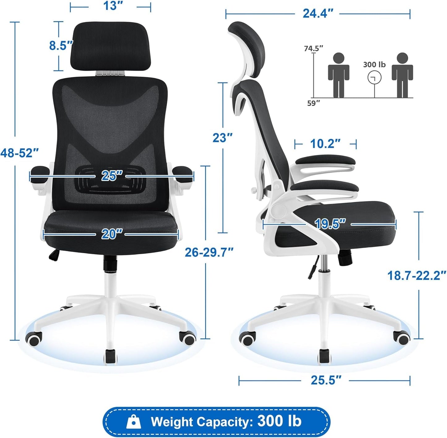 Ergonomic Mesh Office Chair, High Back Desk Chair with with Flip-Up Armrests, Adjustable Padded Headrest Computer Chair with Lumbar Support for Home Oiffce Game Room, White/Black-2