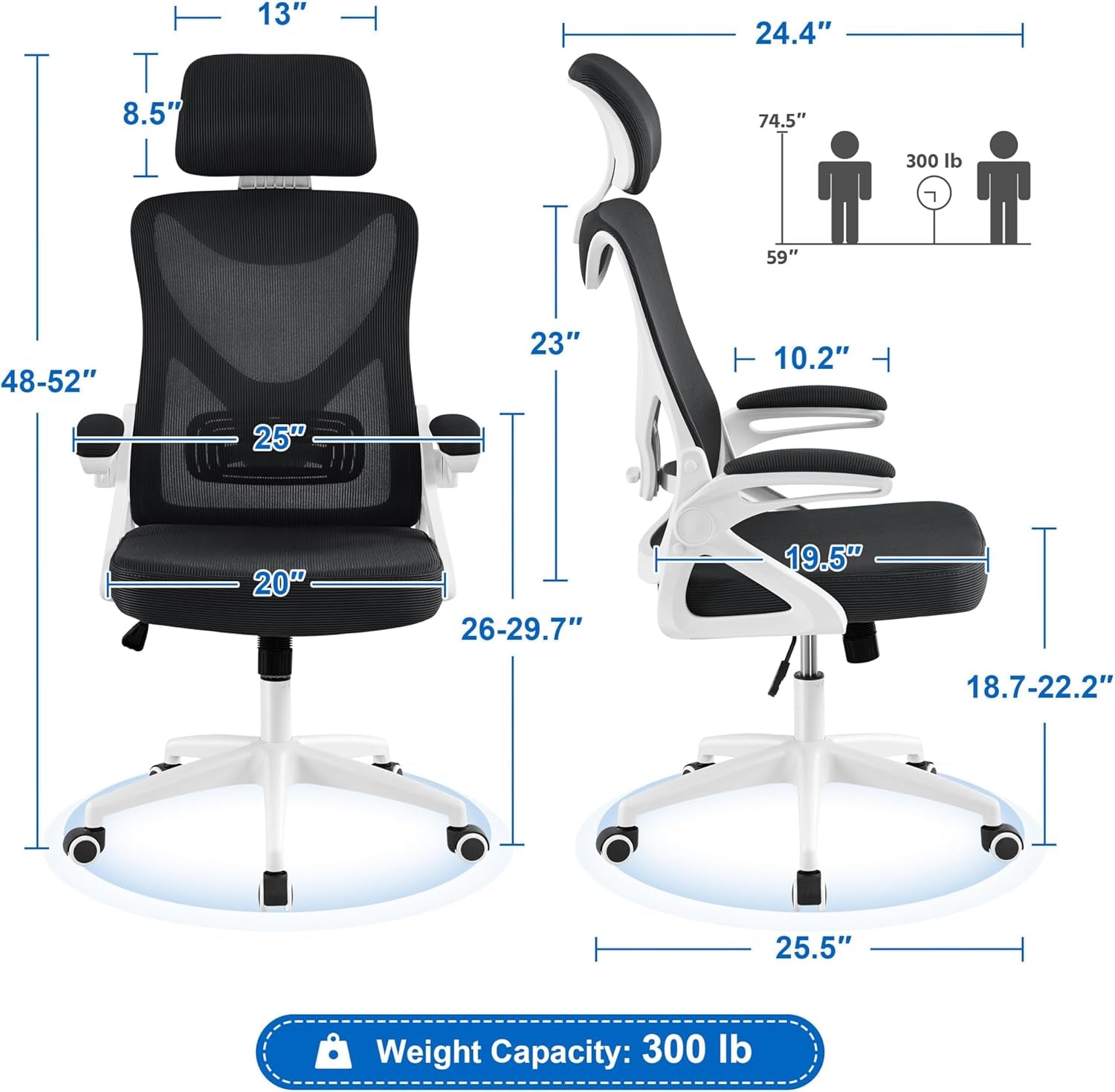 Ergonomic Mesh Office Chair, High Back Desk Chair with with Flip-Up Armrests, Adjustable Padded Headrest Computer Chair with Lumbar Support for Home Oiffce Game Room, White/Black-2