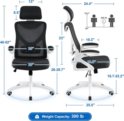 Ergonomic Mesh Office Chair, High Back Desk Chair with with Flip-Up Armrests, Adjustable Padded Headrest Computer Chair with Lumbar Support for Home Oiffce Game Room, White/Black-2