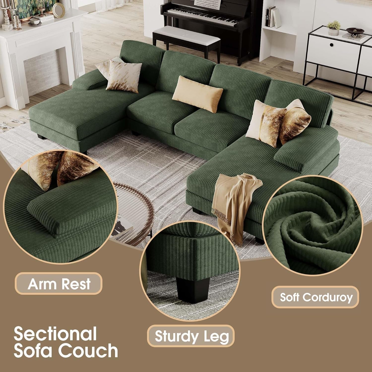 Sectional Couches for Living Room, U-Shaped Sofa Couch with Linen Fabric, 4 Seat Sofa Set with Double Chaise for Apartment (Corduroy, Dark Green)-4
