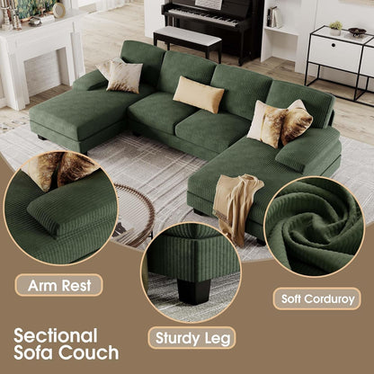 Sectional Couches for Living Room, U-Shaped Sofa Couch with Linen Fabric, 4 Seat Sofa Set with Double Chaise for Apartment (Corduroy, Dark Green)-4