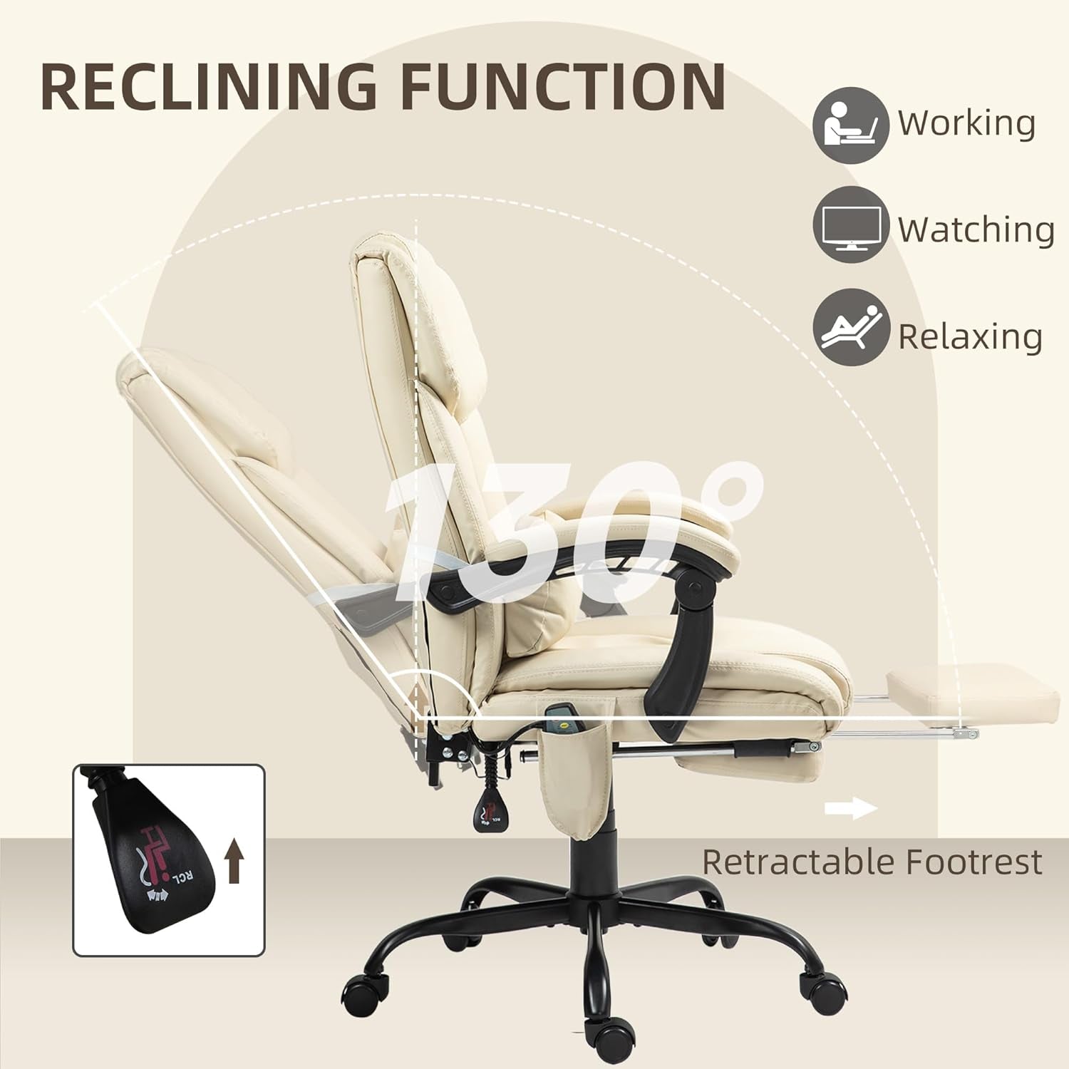 High Back Massage Office Chair with 6 Vibration Points, PU Leather Reclining Computer Chair, Ergonomic Desk Chair with Footrest Adjustable Height and Remote, Beige-4
