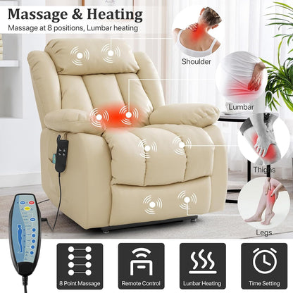 Dual Motor Large Power Lift Recliner Chair Recliners for Elderly, Infinite Position Recliner Chair with Heat and Massage, Breathable Leather(Beige)-2