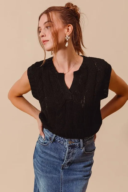 SO ME Notched Neck Cable Knit Sweater Vest